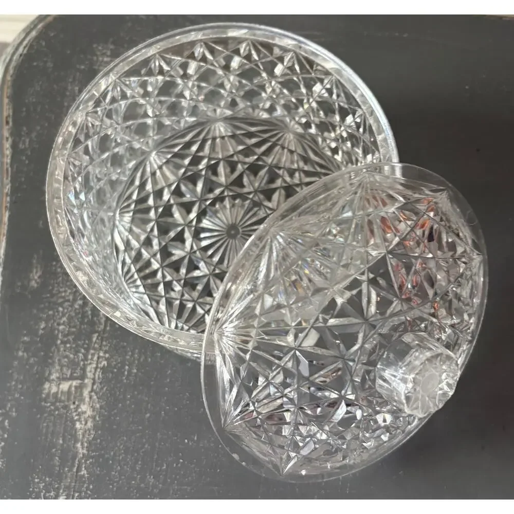 Vintage Clear Plastic Covered Candy Dish Trinket Box Starburst Diamond Pattern